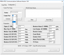 PRMCOM shows the comm port selection dropdown