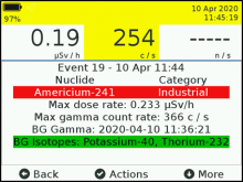 VeriFinder display of completed identification data for Am-241 source