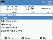 VeriFinder menu to select the action to finish