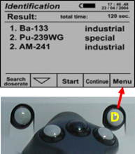 At the bottom of the screen, the choice to return to the top menu is at the right. Pushing button D (rightmost button) will select Menu.