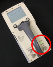 Green LED indicating power is on; located in lower right corner on top of instrument