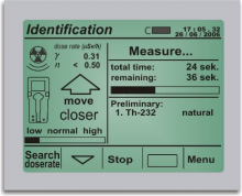 The Identification screen displays Data Collection time so far, and time remaining. It also displays isotope identifications.