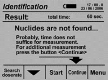 "Nuclides are not found" is displayed. An arrow points to the "Continue Measurement" option