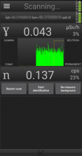 The scanning screen is displayed, showing gamma and neutron values as well as a moving graph of radiation levels