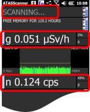 Gamma uSv/h values on near top of screen, neutron cps values near screen bottom