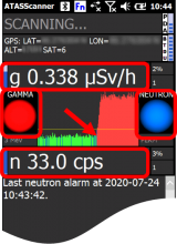 During a neutron alarm, the screen will display a large blue dot, indicating a neutron alarm, and may also display a large red dot, indicating a gamma alarm. The neturon CPS chart will turn green and the gamma CPS chart will also turn red during alarm.