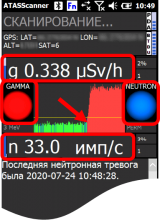 During a neutron alarm, the screen will display a large blue dot, indicating a neutron alarm, and may also display a large red dot, indicating a gamma alarm. The neturon CPS chart will turn green and the gamma CPS chart will also turn red during alarm.