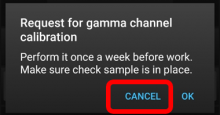 Atomtex app screen - Request for gamma channel calibration - Cancel selected