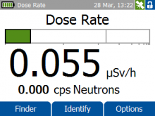 Screen for Dose Rate Mode shows low gamma source