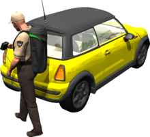 Packeye operator walking in front of a car