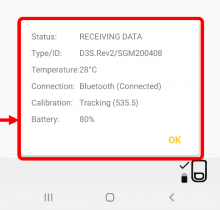 D3S Data Information on ID number, device temperature, bluetooth connection, battery status