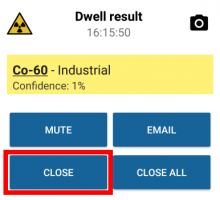 Screen displays "Close" to end identification mode