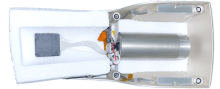 Viewing gamma detector and stabilization module resting on Styrofoam insert